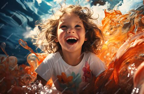 Niño riendo jugando en el parque acuático | Foto Premium