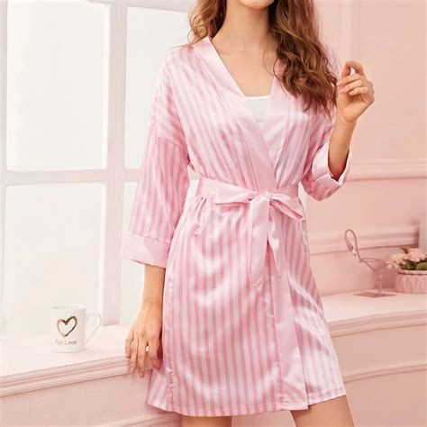 Satin Silk Robe Bathrobe Women Silk Pajamas Striped Printing Sleepwear