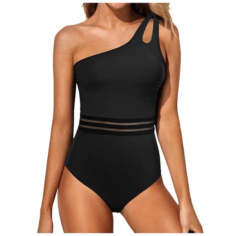 1 Piece Swimsuit Slanted Shoulder Hollow 1 Piece Swimsuit Black Womens
