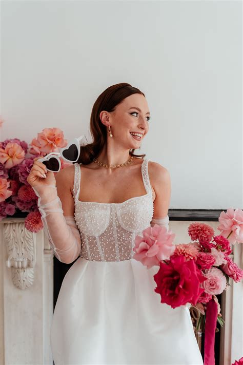 Bride Wearing Retro Heart Sunglasses in Short Sparkly Wedding Dress