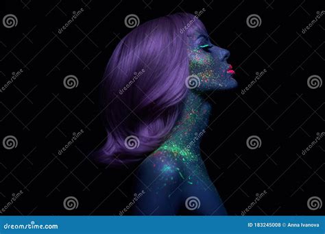 Fashion Model Woman in Neon Light Bright Fluorescent Makeup, Long Hair ...