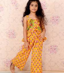 Sleeveless Floral Motif Print Ruffle Top With Flared Palazzo- Yellow