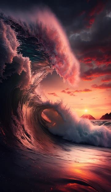Premium Photo | A painting of a wave with the sun setting behind it