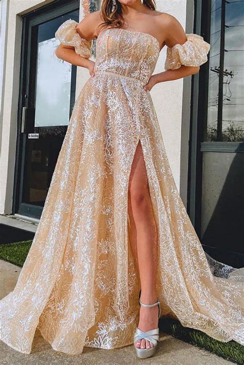 Champagne Strapless Lace Long Prom Dresses with High Slit, Long Champa ...