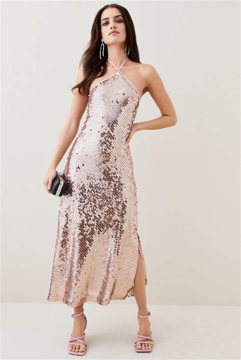 Karen Millen + Petite Liquid Sequin Woven Halter Dress