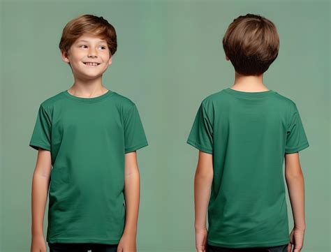 Premium AI Image | Front and back views of a little boy wearing a green ...
