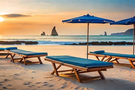 Premium AI Image | beach chairs on the beach with a sunset in the ...