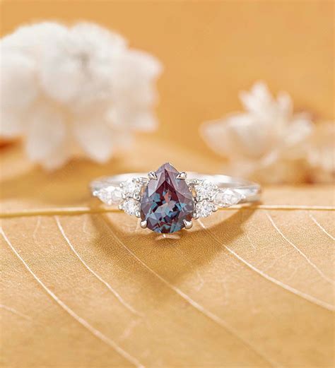 Pear shaped lab alexandrite ring, cubic zirconia engagement ring