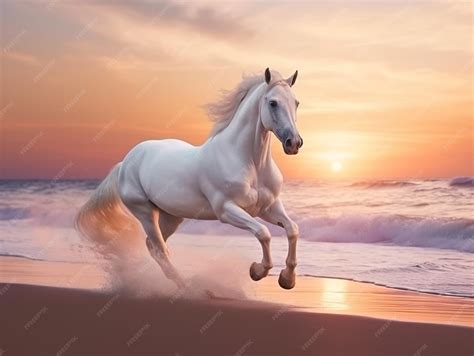 Premium Photo | Beautiful white horse galloping along the beach