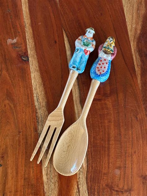 vintage italian wooden spoon  fork  ceramic figural handles