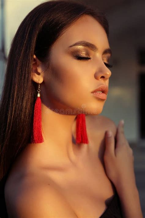 gorgeous woman  long dark hair  bright makeup stock image