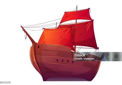 perahu kayu vektor  layar merah ilustrasi stok  gambar