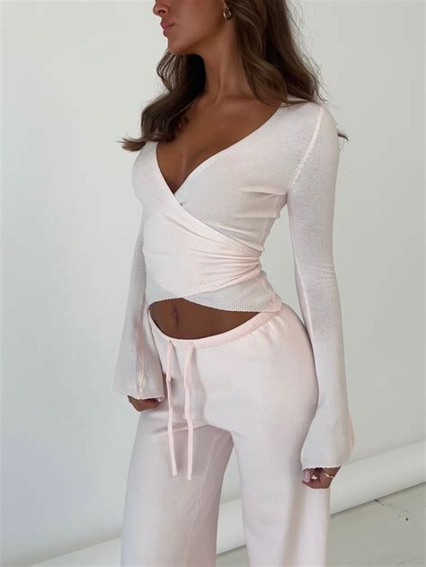 ballerina knit top pink wrap top outfit knit top denim inspiration