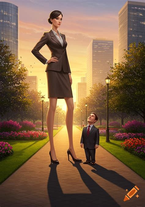 giant woman   business suit stands   park path