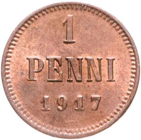 1 пенни (penny) 1917 монета для Финляндии, орел без корон стоимостью ...