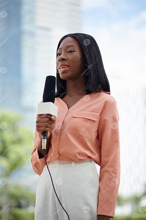 young black journalist filming report stock image image  public
