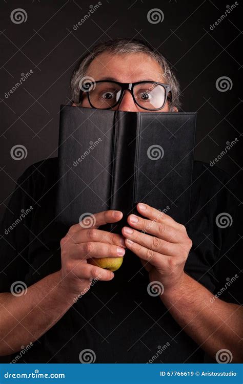 Man Hides Behind Big Sleek Leather Book Stock Image - Image of funny ...