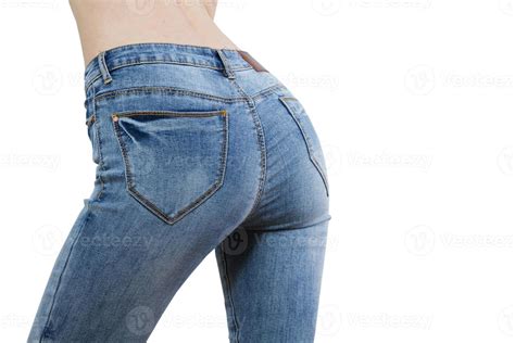 Fit female butt in jeans, Stylish jeans on slim woman back view