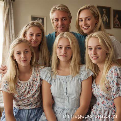 Blonde Family Portrait Man Woman and Five Teenage Girls | AI Image
