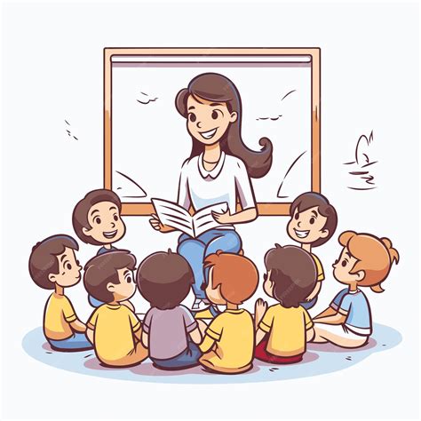 Maestra con niños en el aula Ilustración vectorial al estilo de dibujos
