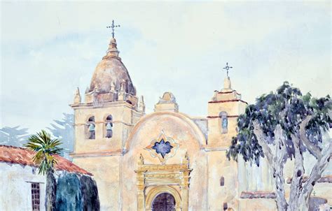 Deanna DeChauron - Carmel Mission Watercolor Landscape For Sale at