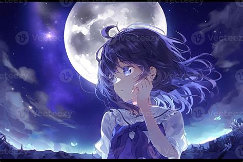 anime girl looking at the moon on starry night illustration 23913609