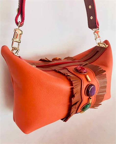 Leather Bag in Orange and Brown Leather With Agate Stone and - Etsy