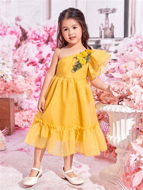 SHEIN Kids CHARMNG Little Girls' One Shoulder Ruffle Sleeve Dress With ...