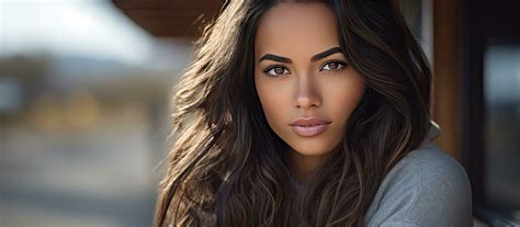 Young Venezuelan woman sitting outdoors looking at camera wearing gray