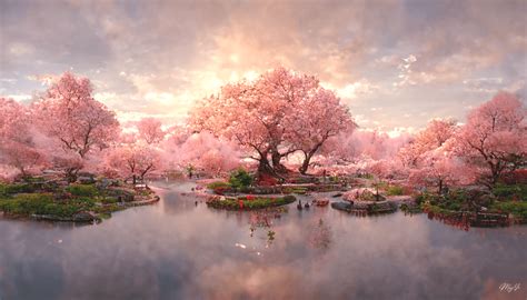 幻想的な桜が咲く公園のイラスト壁紙･デスクトップ待受画面 - daha 壁紙･待受イラスト