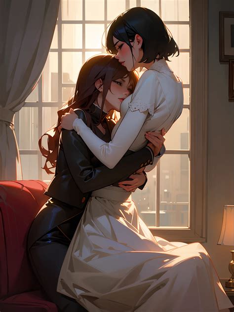 Anime couple hugging on a couch in front of a window - SeaArt AI