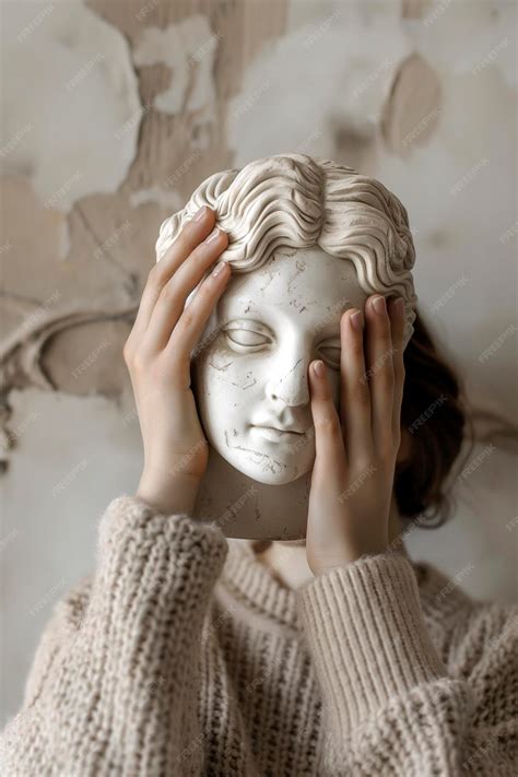 Woman hiding her face behind Greek goddess head Beauty standards