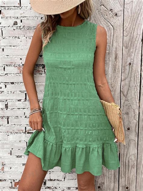 SHEIN LUNE Women Texture Back Tie Halter Neck Ruffle Hem Summer Casual ...