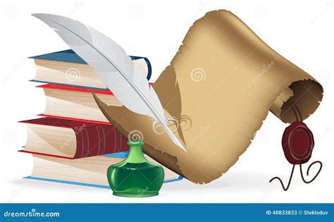 Книги, перо и старый бумажный перечень Иллюстрация вектора ...