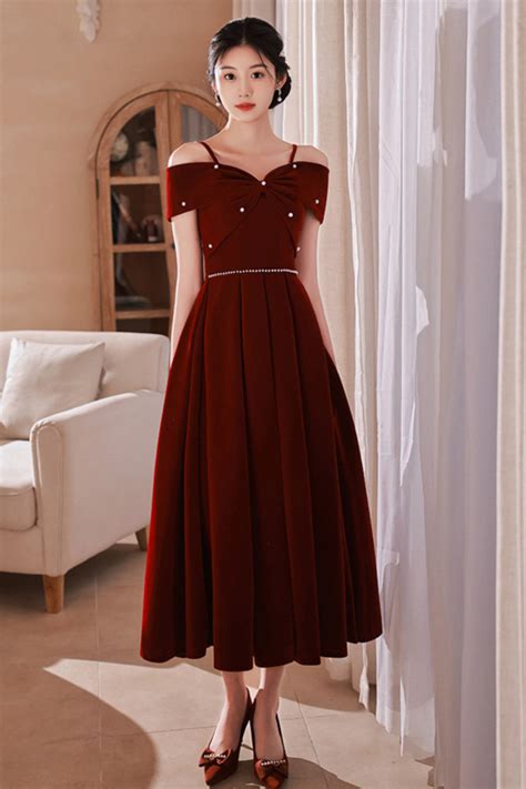 Wine Red Off Shoulder Straps Tea Length Formal Dress, Homecoming Dress