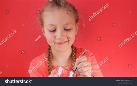 Child Eating Yogurt Jelly Pink Background Stock Photo 2128726718 ...