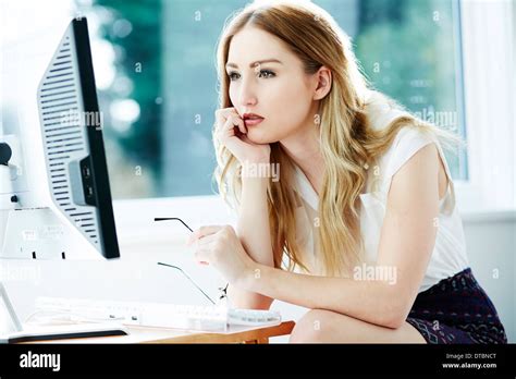 woman  concerned stock photo alamy