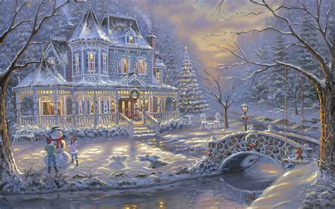 Christmas House with Snowman Painting Background | Gallery Yopriceville - High-Quality Images ...