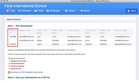 friday feature student id column  import parents csv template