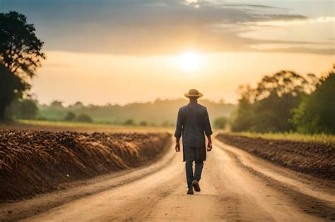 premium photo  man  walking   dirt road   sunset