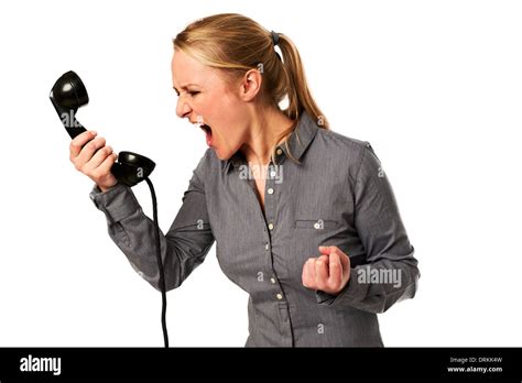 business woman yelling  phone stock photo alamy