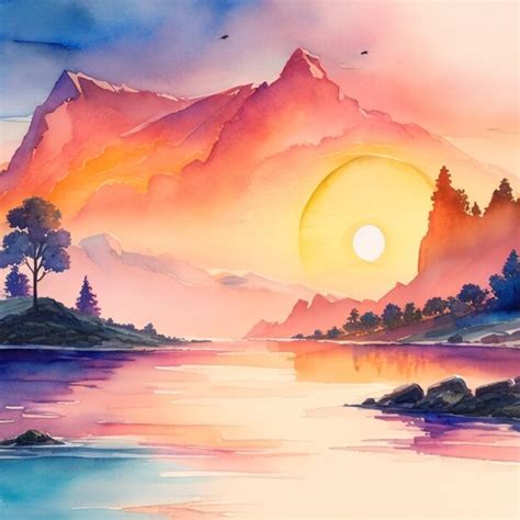 Premium AI Image | watercolor landscape scenery with sunset