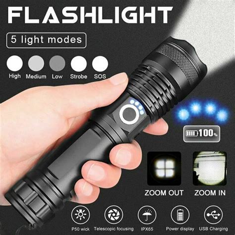 90000 Lumens Powerful Flashlight, USB Rechargeable Waterproof XHP70 ...