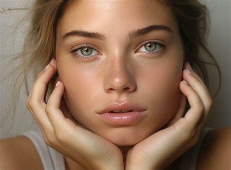 A beautiful woman with youthful face with her hands on her face | Hands