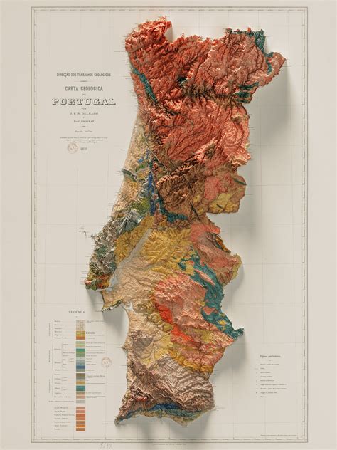 Portugal Geological Map of 1899 - 2D Poster Shaded Relief Map, Fine Art