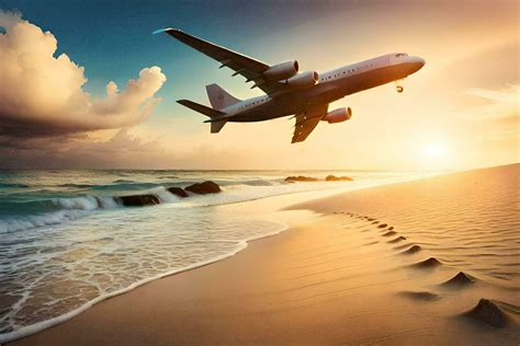 an airplane is flying over the beach at sunset. AI-Generated 32244727