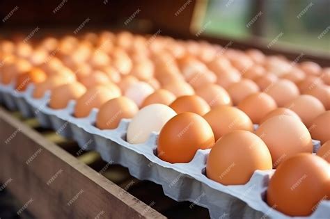 Куриные яйца движутся по конвейеру на птицеферме концепция пищевой ...