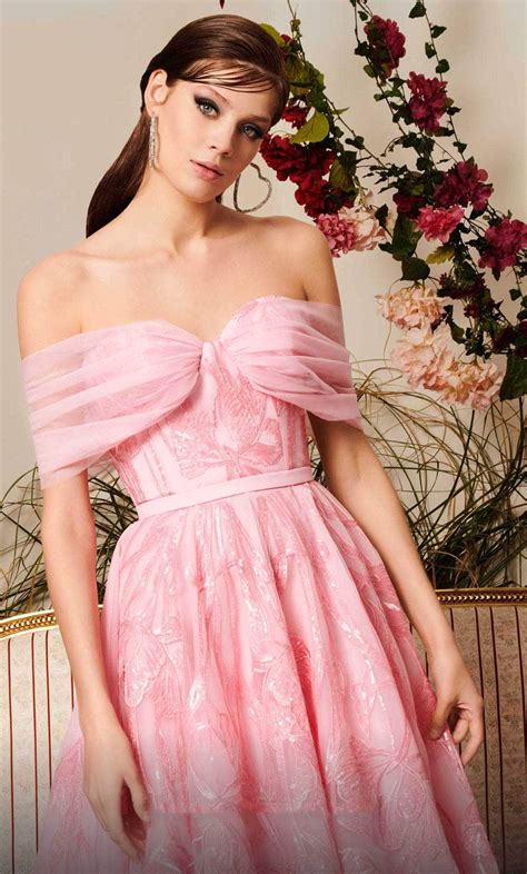 MNM Couture N0498 - Off Shoulder Tea Length Dress – Couture Candy