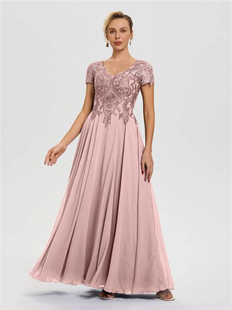 Dusty Rose Mother Of The Bride Gown A-Line Lace Sleeves V-Neck Long Ch