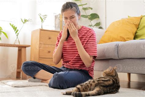 Asian young woman, girl hand in sneezing from fur allergy while playing